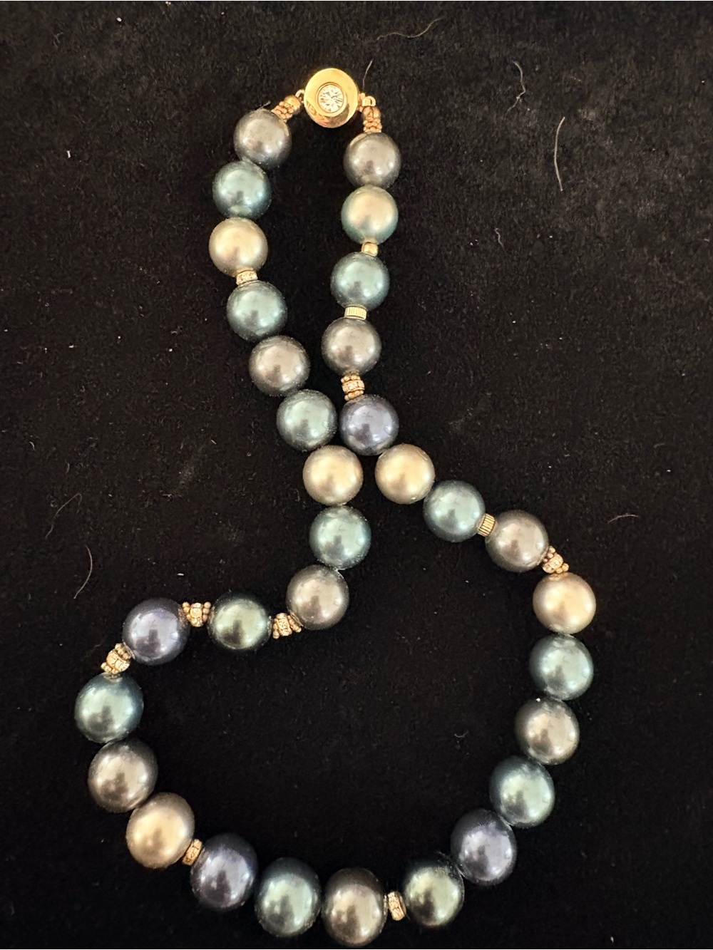 Cultured Pearl Necklace in Blue-Green with Gold Accents